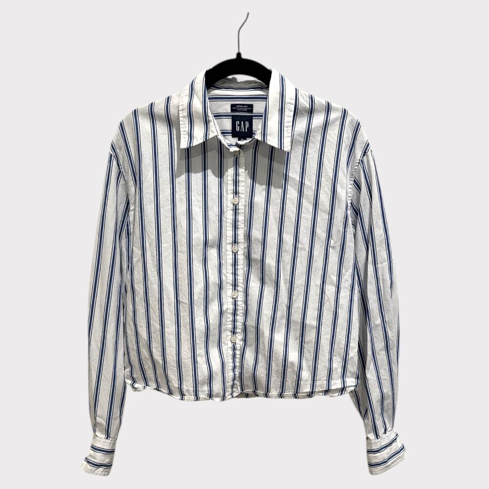 GAP Striped Cropped Button-Up Shirt – Blue & White, Size XS
